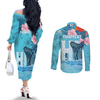 Personalised Hawaii Couples Matching Off The Shoulder Long Sleeve Dress and Long Sleeve Button Shirt Humpback Whale Tattoo With Tropical Flowers LT14 - Polynesian Pride