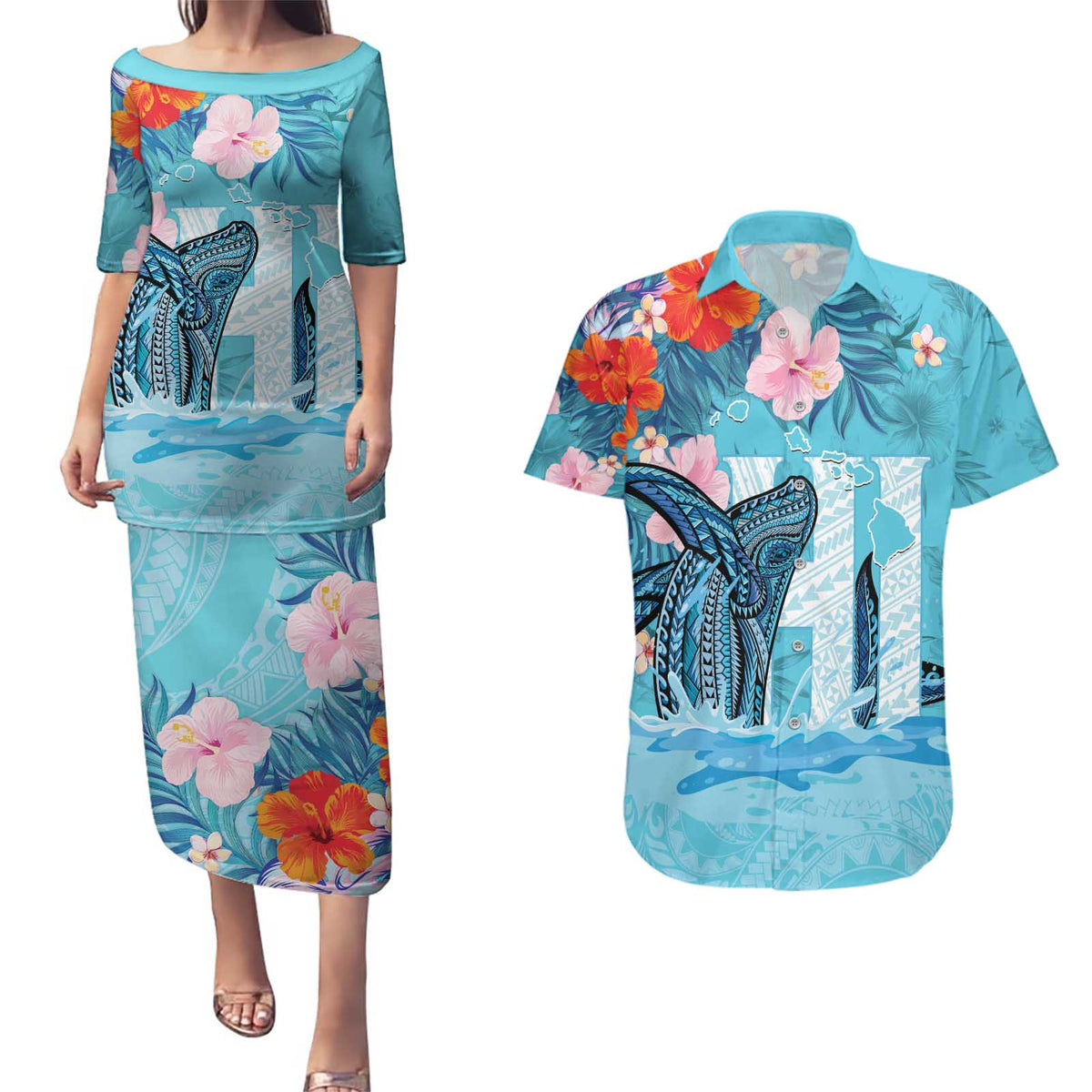 Personalised Hawaii Couples Matching Puletasi and Hawaiian Shirt Humpback Whale Tattoo With Tropical Flowers LT14 Blue - Polynesian Pride