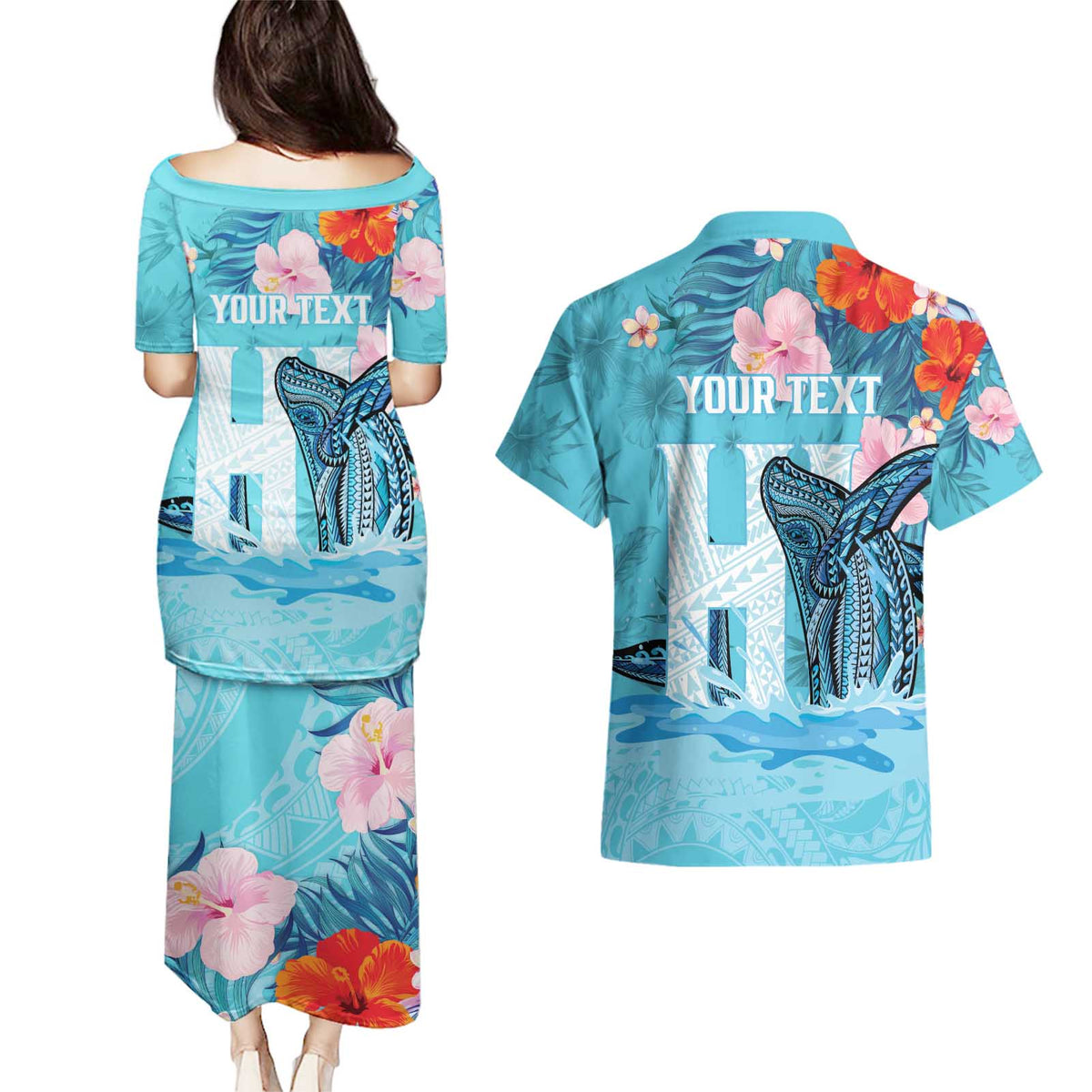 Personalised Hawaii Couples Matching Puletasi and Hawaiian Shirt Humpback Whale Tattoo With Tropical Flowers LT14 - Polynesian Pride