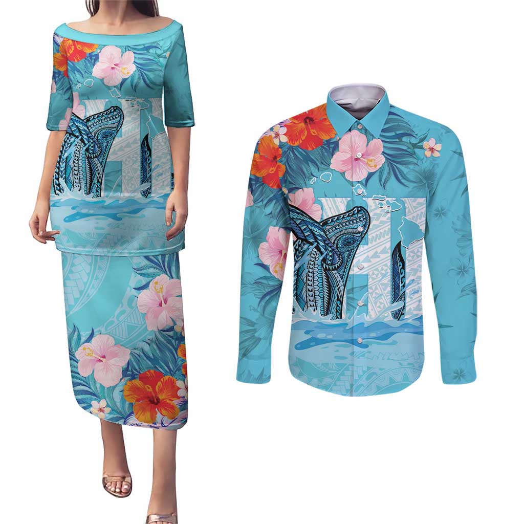 Personalised Hawaii Couples Matching Puletasi and Long Sleeve Button Shirt Humpback Whale Tattoo With Tropical Flowers LT14 Blue - Polynesian Pride