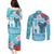 Personalised Hawaii Couples Matching Puletasi and Long Sleeve Button Shirt Humpback Whale Tattoo With Tropical Flowers