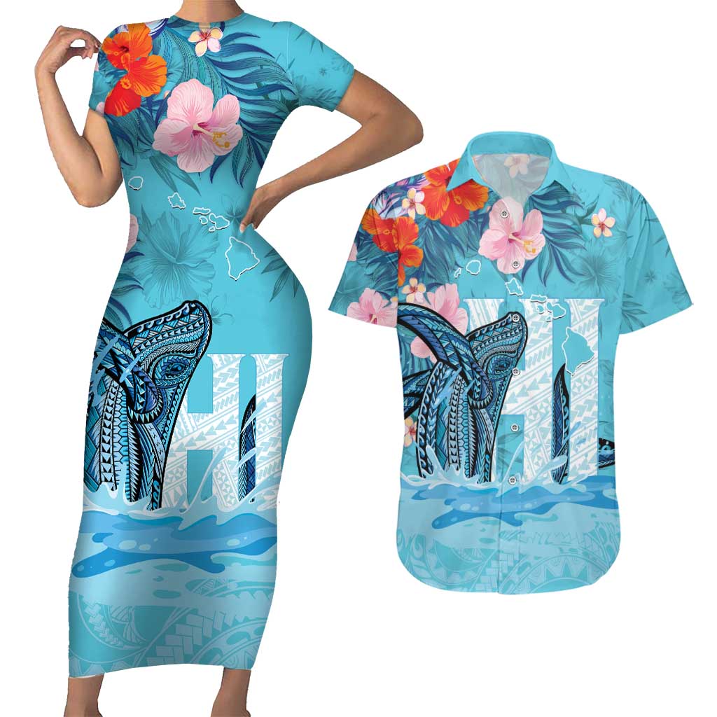 Personalised Hawaii Couples Matching Short Sleeve Bodycon Dress and Hawaiian Shirt Humpback Whale Tattoo With Tropical Flowers LT14 Blue - Polynesian Pride