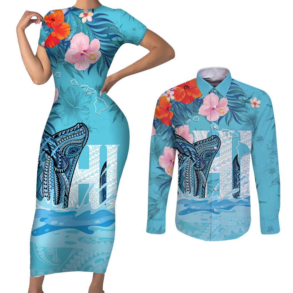 Personalised Hawaii Couples Matching Short Sleeve Bodycon Dress and Long Sleeve Button Shirt Humpback Whale Tattoo With Tropical Flowers LT14 Blue - Polynesian Pride