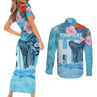 Personalised Hawaii Couples Matching Short Sleeve Bodycon Dress and Long Sleeve Button Shirt Humpback Whale Tattoo With Tropical Flowers LT14 - Polynesian Pride