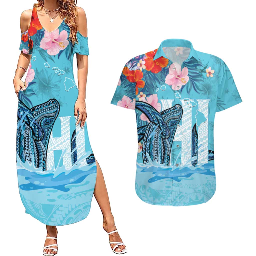 Personalised Hawaii Couples Matching Summer Maxi Dress and Hawaiian Shirt Humpback Whale Tattoo With Tropical Flowers LT14 Blue - Polynesian Pride