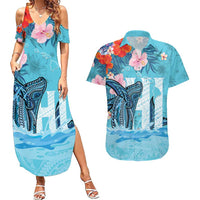 Personalised Hawaii Couples Matching Summer Maxi Dress and Hawaiian Shirt Humpback Whale Tattoo With Tropical Flowers LT14 Blue - Polynesian Pride
