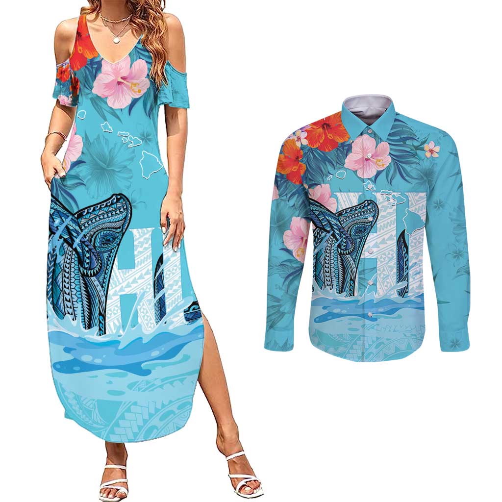 Personalised Hawaii Couples Matching Summer Maxi Dress and Long Sleeve Button Shirt Humpback Whale Tattoo With Tropical Flowers