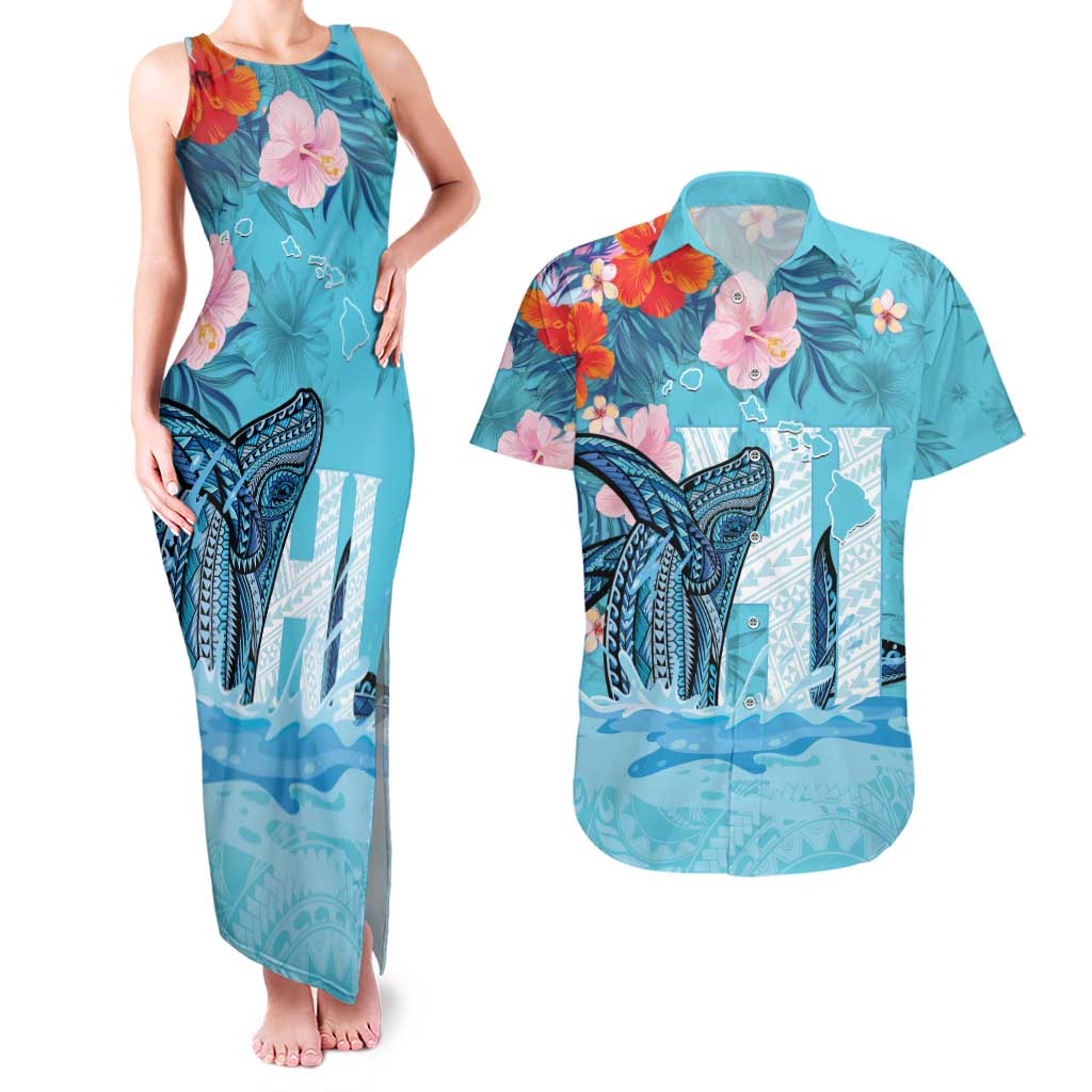 Personalised Hawaii Couples Matching Tank Maxi Dress and Hawaiian Shirt Humpback Whale Tattoo With Tropical Flowers LT14 Blue - Polynesian Pride