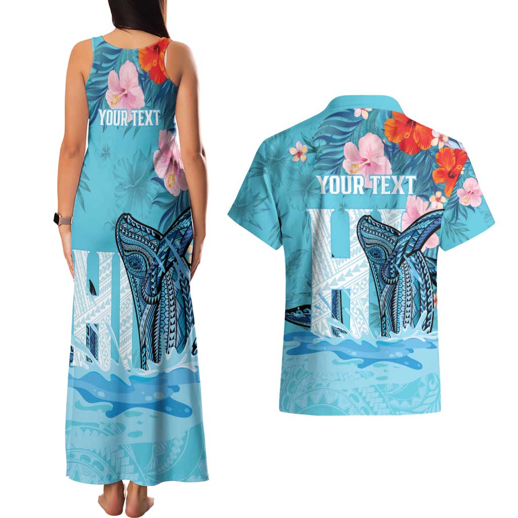 Personalised Hawaii Couples Matching Tank Maxi Dress and Hawaiian Shirt Humpback Whale Tattoo With Tropical Flowers LT14 - Polynesian Pride