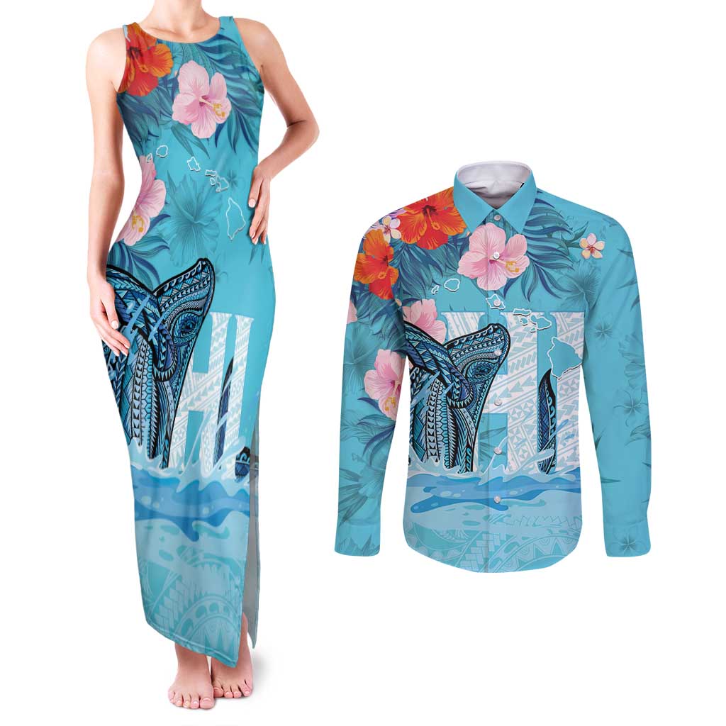 Personalised Hawaii Couples Matching Tank Maxi Dress and Long Sleeve Button Shirt Humpback Whale Tattoo With Tropical Flowers LT14 Blue - Polynesian Pride