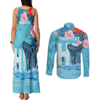 Personalised Hawaii Couples Matching Tank Maxi Dress and Long Sleeve Button Shirt Humpback Whale Tattoo With Tropical Flowers LT14 - Polynesian Pride