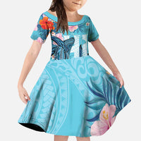 Personalised Hawaii Family Matching Long Sleeve Bodycon Dress and Hawaiian Shirt Humpback Whale Tattoo With Tropical Flowers LT14 Daughter's Dress Blue - Polynesian Pride