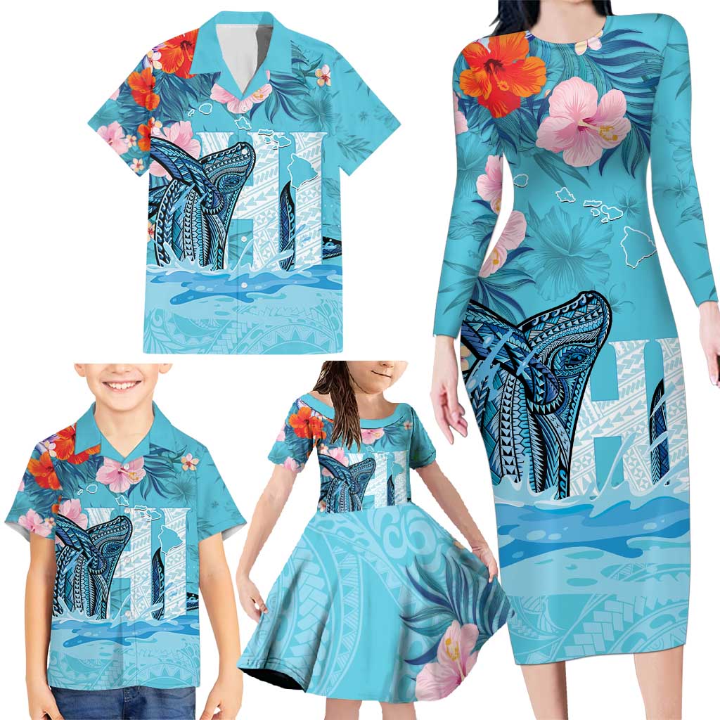 Personalised Hawaii Family Matching Long Sleeve Bodycon Dress and Hawaiian Shirt Humpback Whale Tattoo With Tropical Flowers