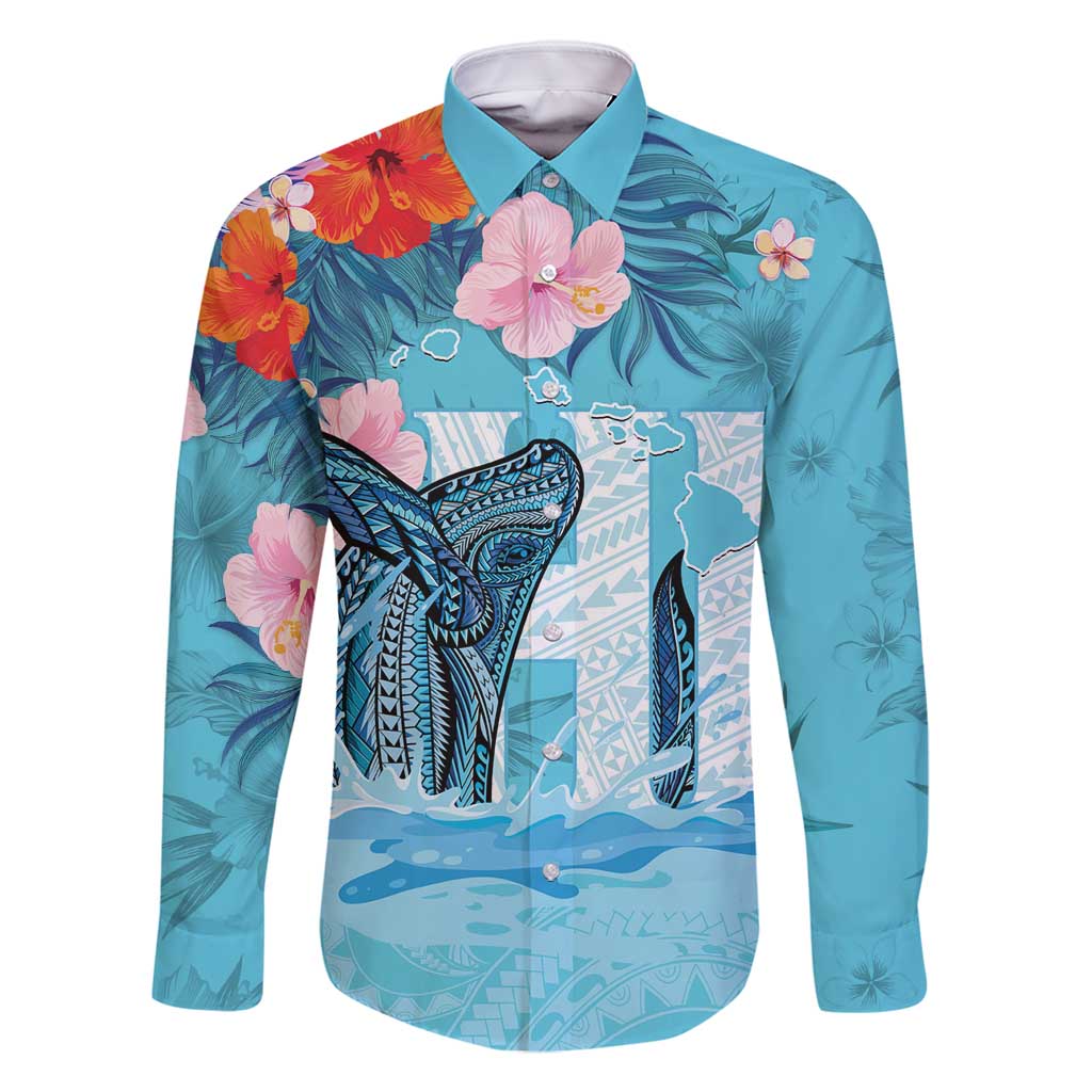 Personalised Hawaii Family Matching Long Sleeve Bodycon Dress and Hawaiian Shirt Humpback Whale Tattoo With Tropical Flowers LT14 Dad's Shirt - Long Sleeve Blue - Polynesian Pride