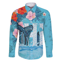 Personalised Hawaii Family Matching Long Sleeve Bodycon Dress and Hawaiian Shirt Humpback Whale Tattoo With Tropical Flowers LT14 Dad's Shirt - Long Sleeve Blue - Polynesian Pride