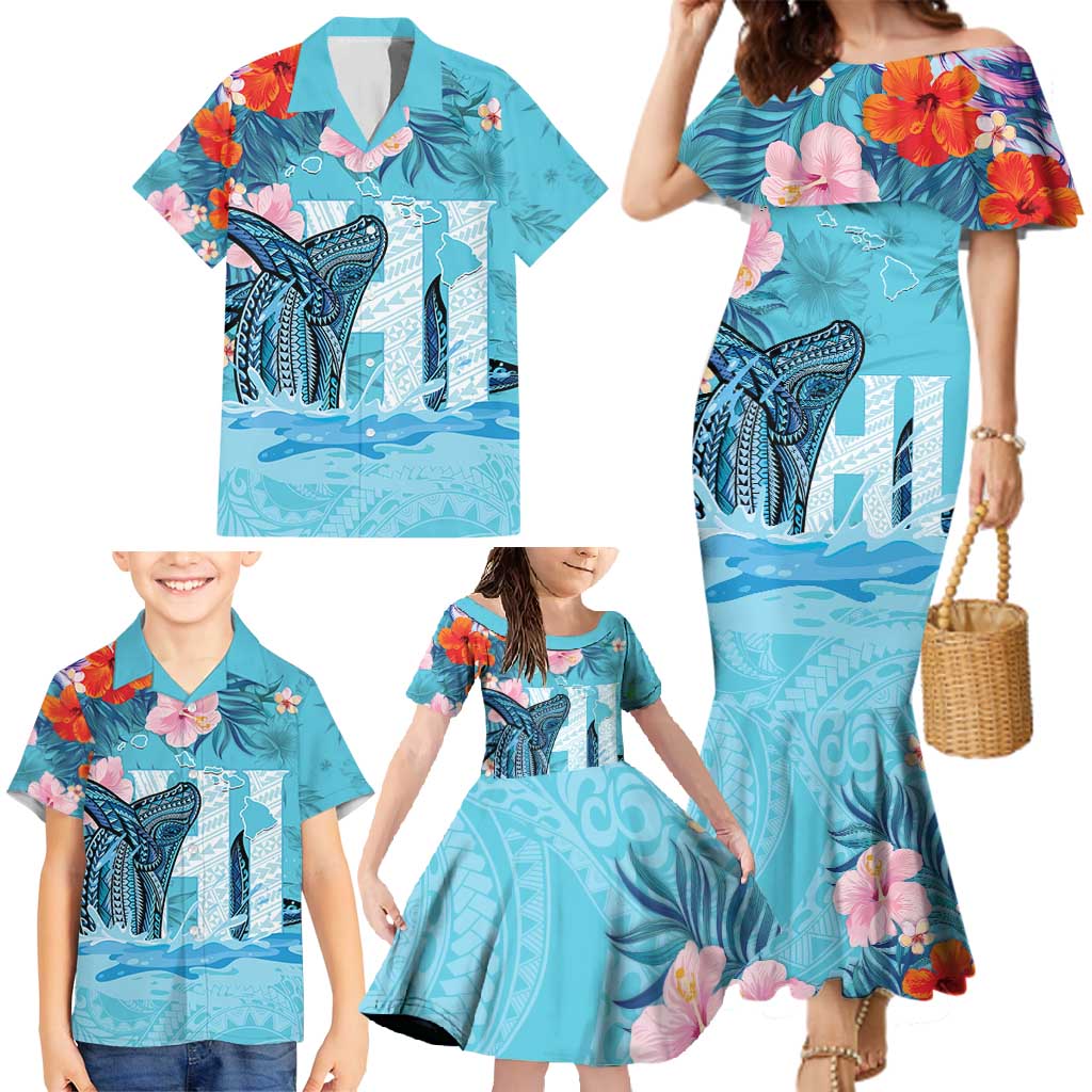 Personalised Hawaii Family Matching Mermaid Dress and Hawaiian Shirt Humpback Whale Tattoo With Tropical Flowers