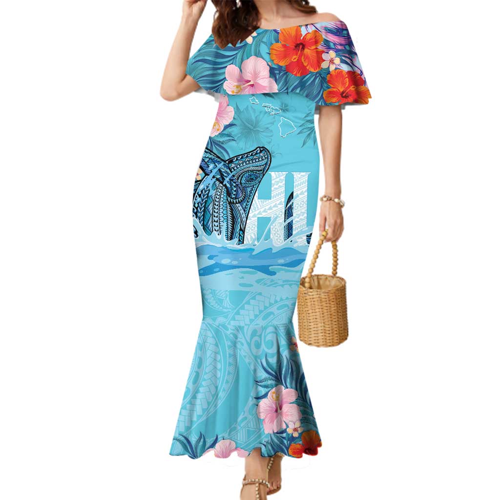 Personalised Hawaii Family Matching Mermaid Dress and Hawaiian Shirt Humpback Whale Tattoo With Tropical Flowers