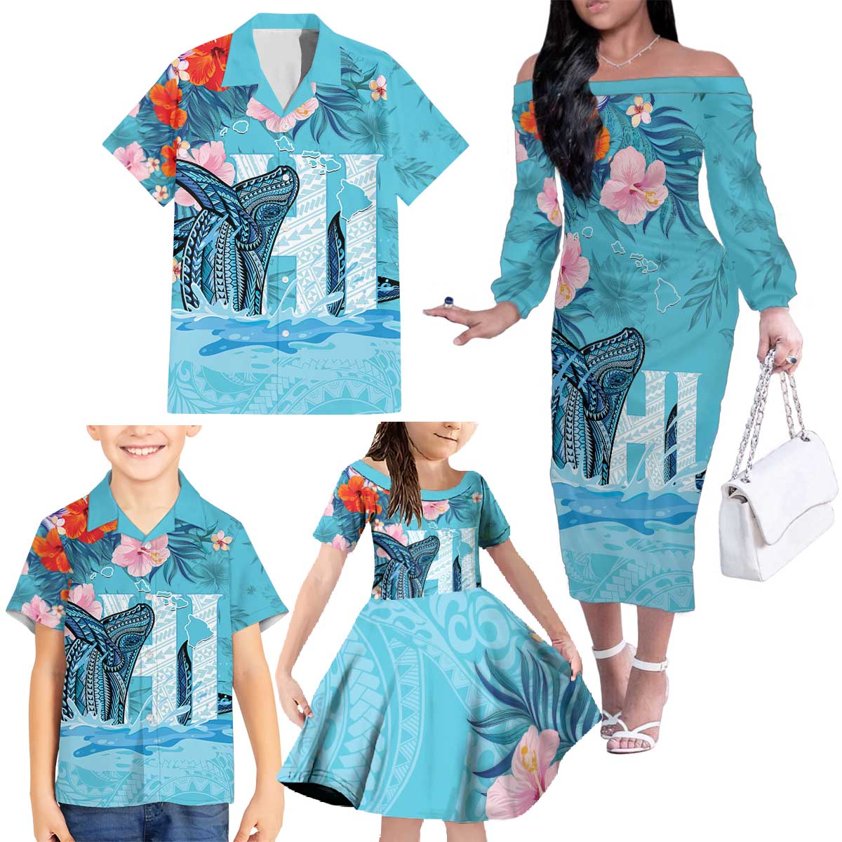 Personalised Hawaii Family Matching Off The Shoulder Long Sleeve Dress and Hawaiian Shirt Humpback Whale Tattoo With Tropical Flowers