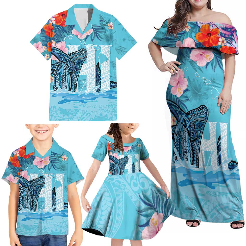 Personalised Hawaii Family Matching Off Shoulder Maxi Dress and Hawaiian Shirt Humpback Whale Tattoo With Tropical Flowers LT14 - Polynesian Pride