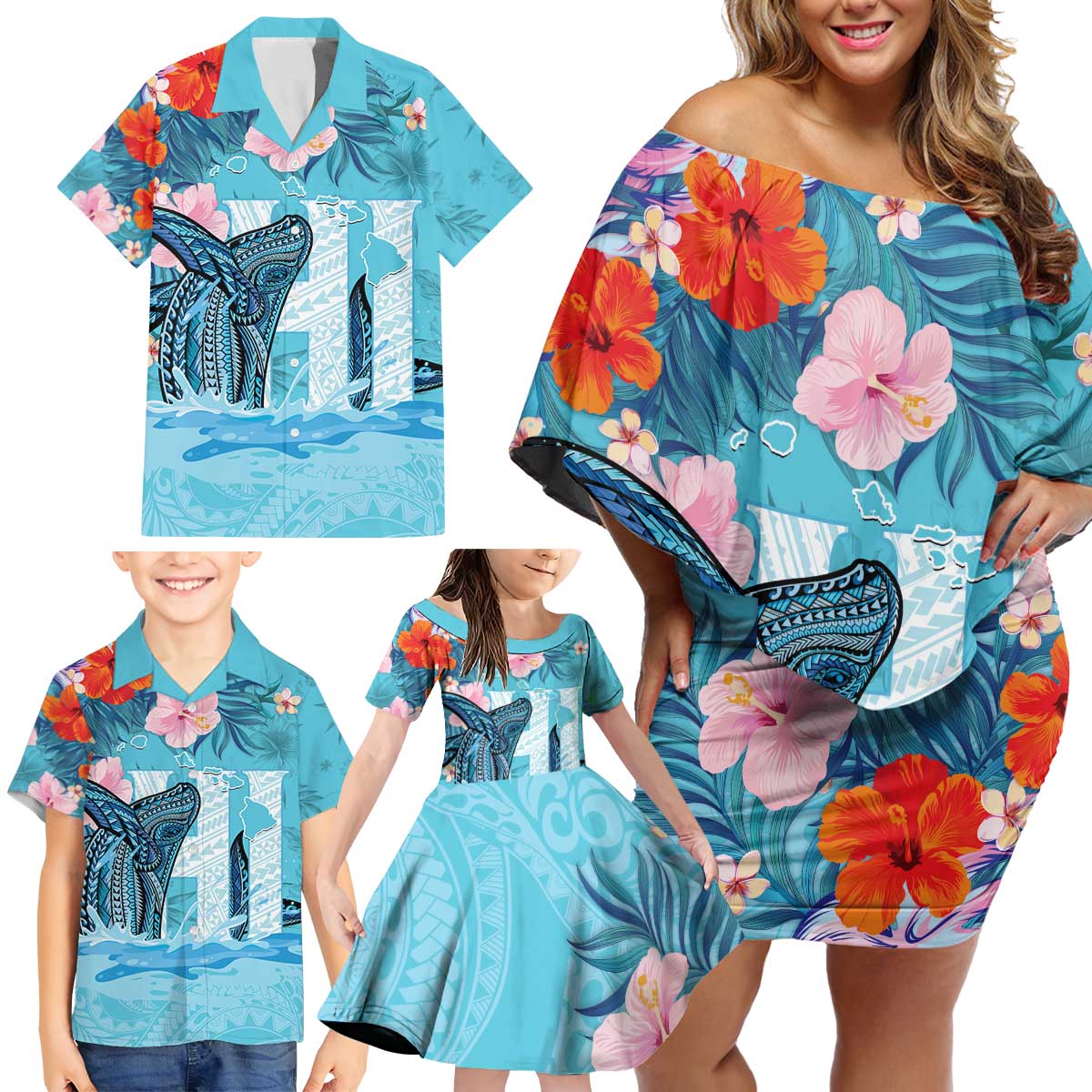 Personalised Hawaii Family Matching Off Shoulder Short Dress and Hawaiian Shirt Humpback Whale Tattoo With Tropical Flowers