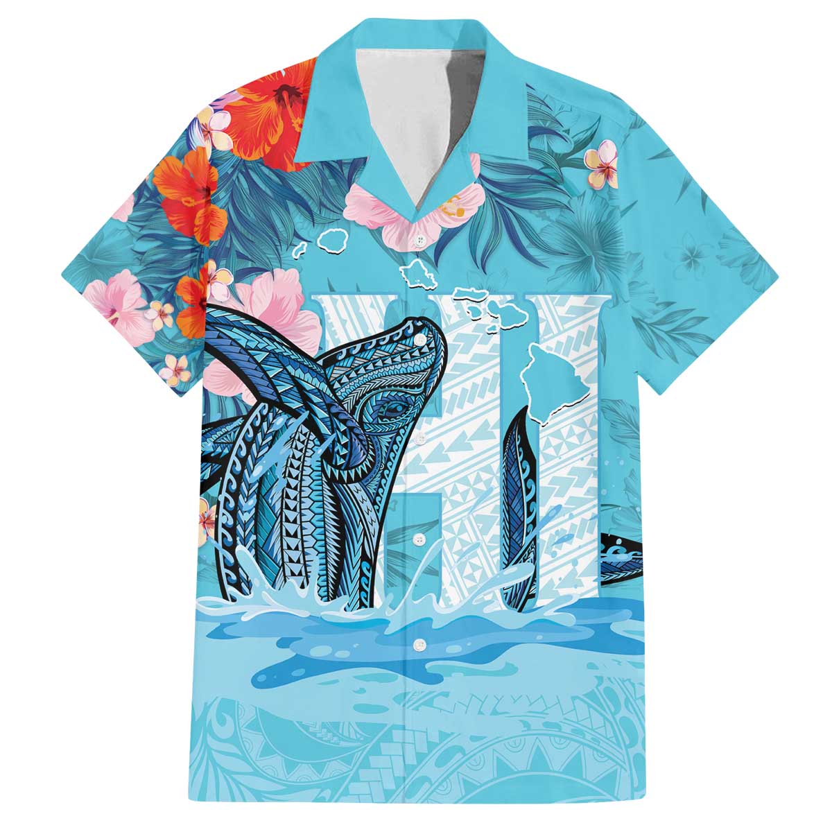 Personalised Hawaii Family Matching Off Shoulder Short Dress and Hawaiian Shirt Humpback Whale Tattoo With Tropical Flowers LT14 Dad's Shirt - Short Sleeve Blue - Polynesian Pride