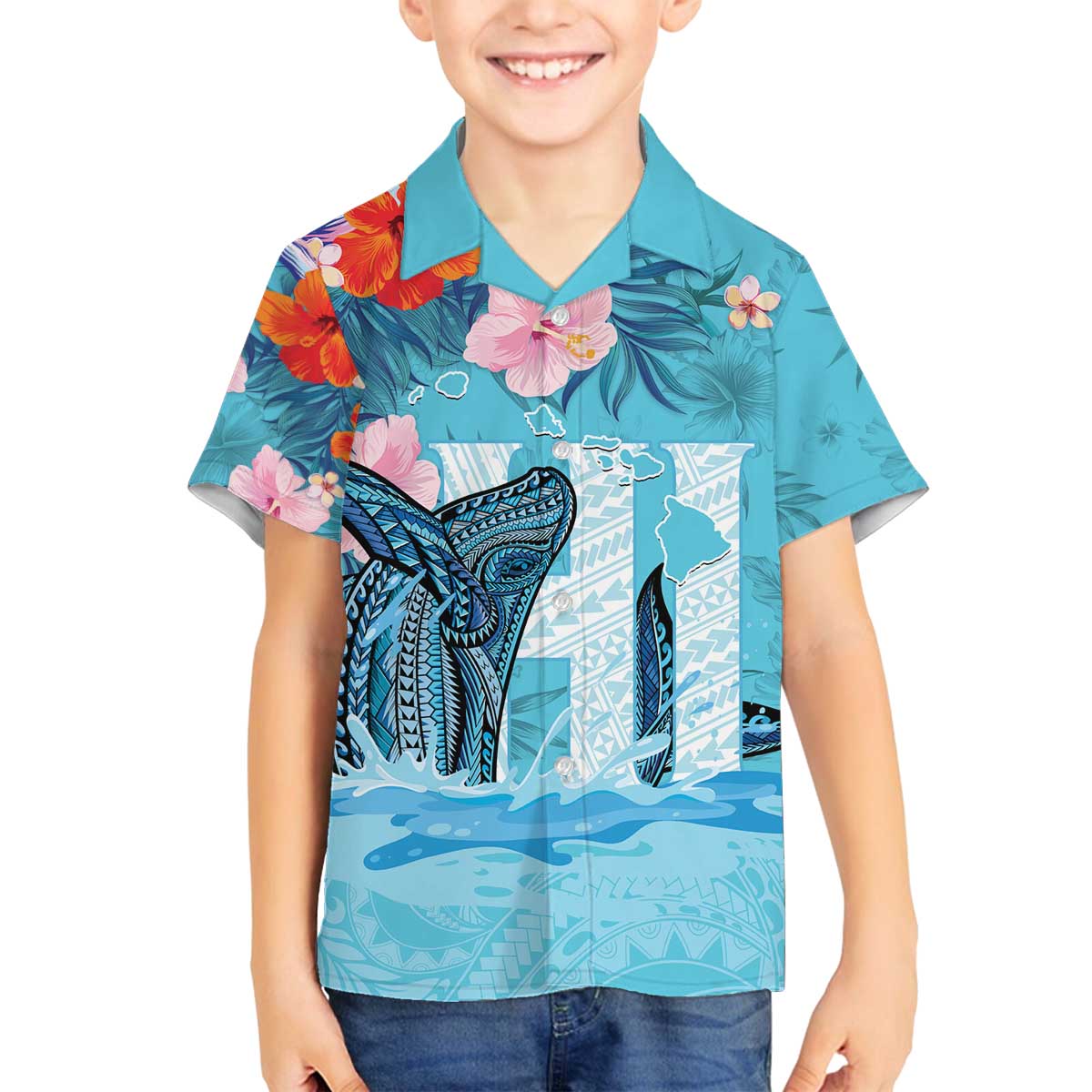 Personalised Hawaii Family Matching Off Shoulder Short Dress and Hawaiian Shirt Humpback Whale Tattoo With Tropical Flowers LT14 Son's Shirt Blue - Polynesian Pride