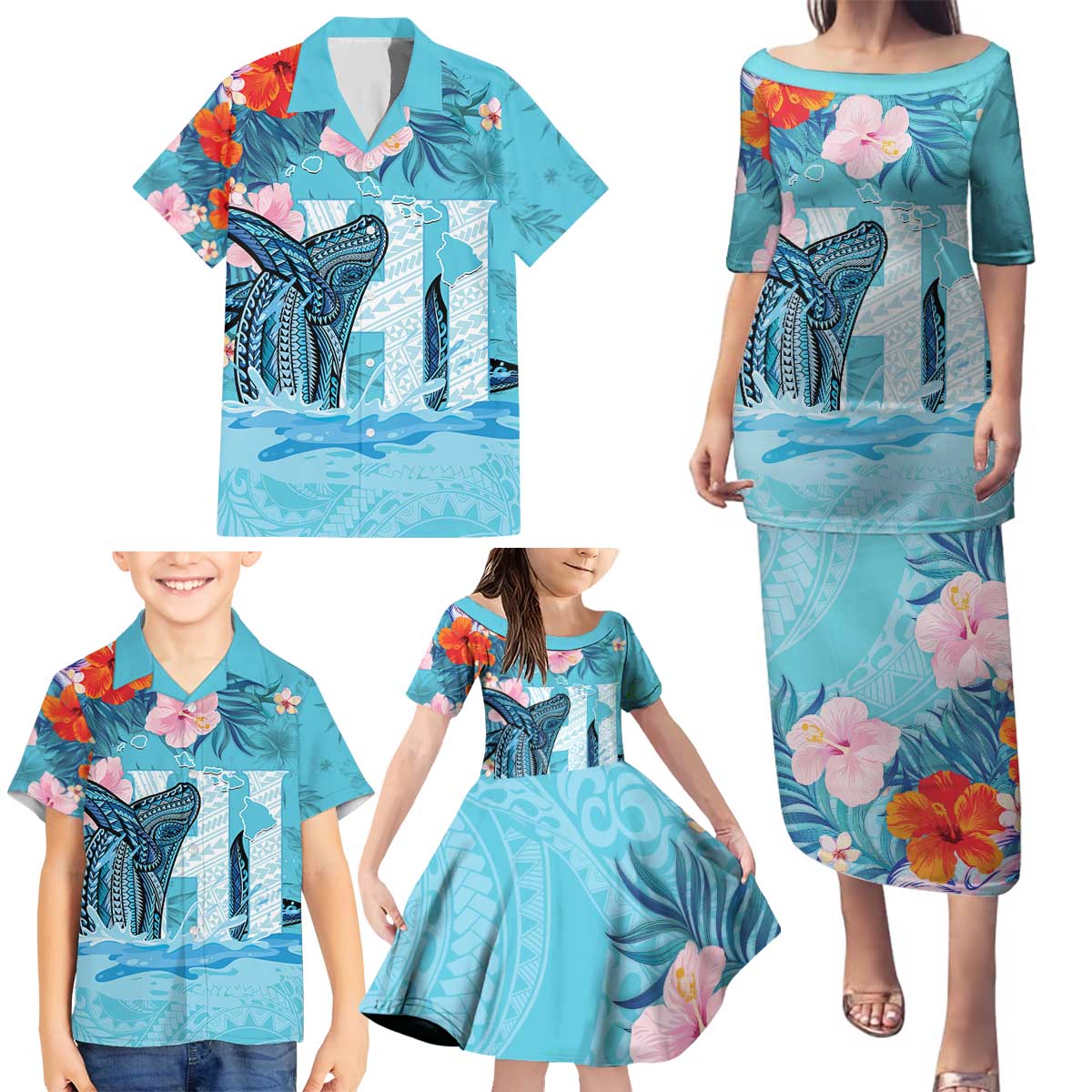 Personalised Hawaii Family Matching Puletasi and Hawaiian Shirt Humpback Whale Tattoo With Tropical Flowers