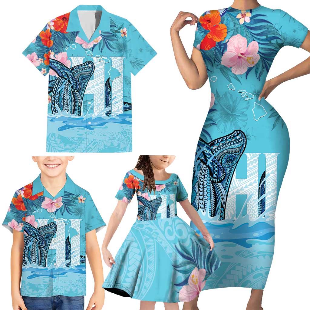 Personalised Hawaii Family Matching Short Sleeve Bodycon Dress and Hawaiian Shirt Humpback Whale Tattoo With Tropical Flowers