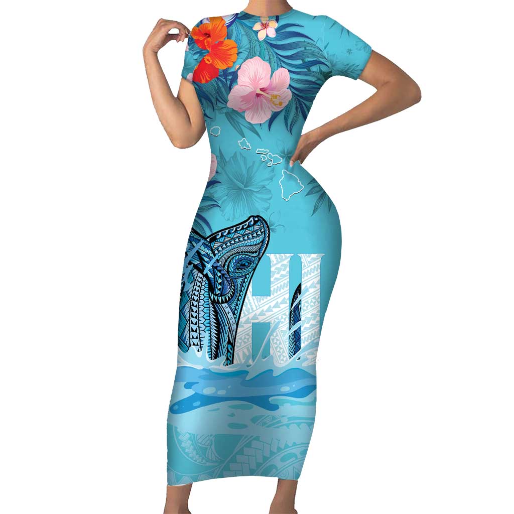 Personalised Hawaii Family Matching Short Sleeve Bodycon Dress and Hawaiian Shirt Humpback Whale Tattoo With Tropical Flowers