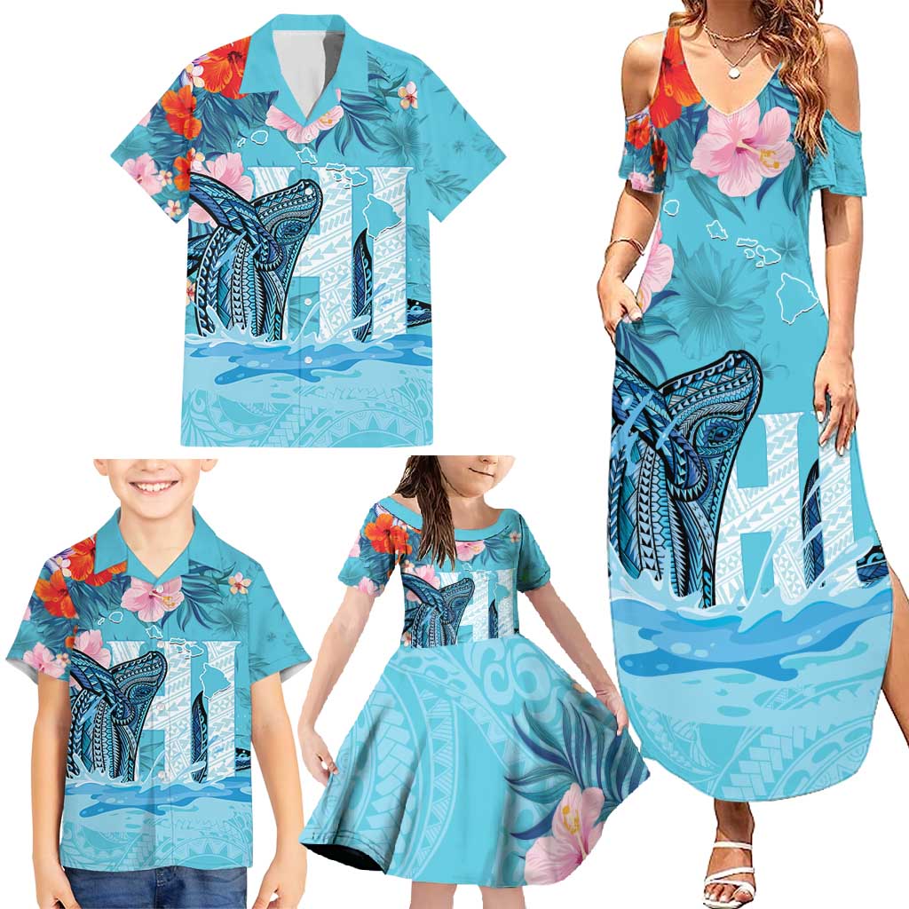 Personalised Hawaii Family Matching Summer Maxi Dress and Hawaiian Shirt Humpback Whale Tattoo With Tropical Flowers LT14 - Polynesian Pride