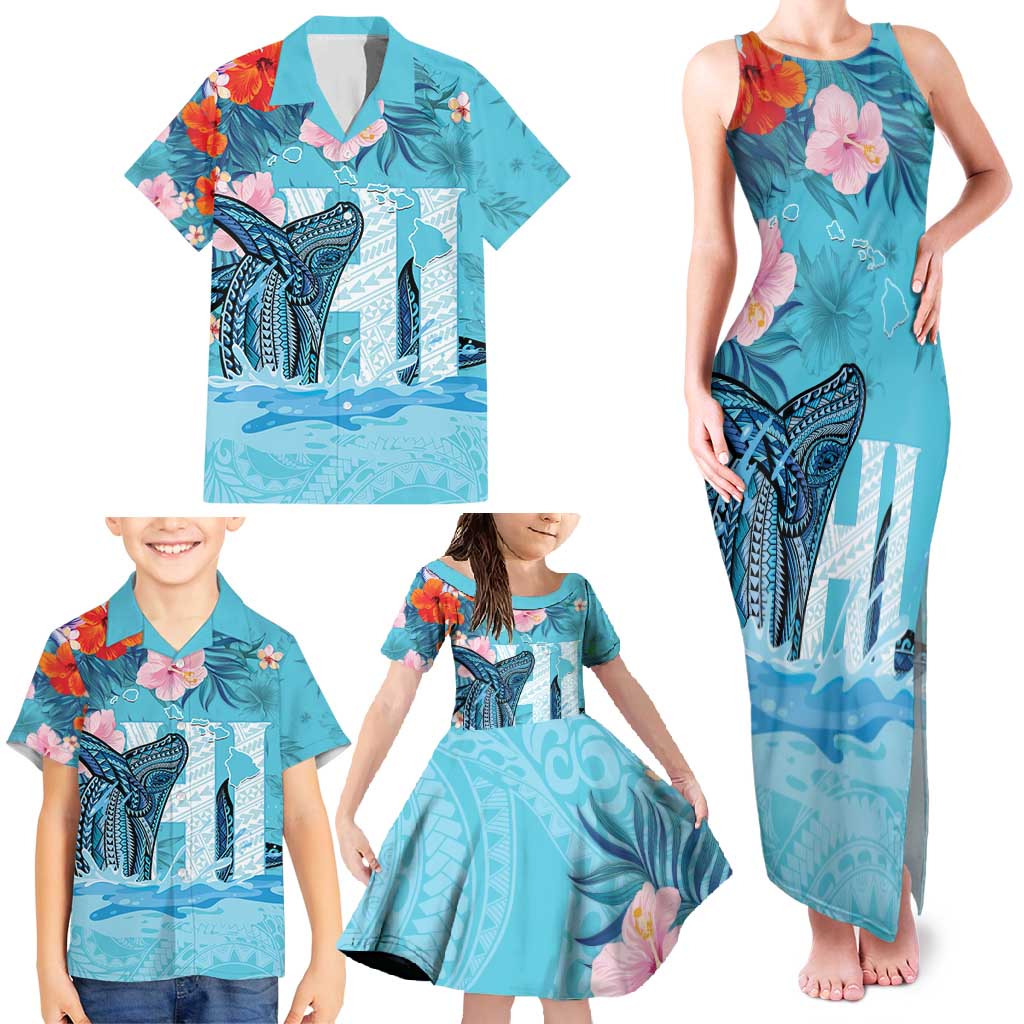 Personalised Hawaii Family Matching Tank Maxi Dress and Hawaiian Shirt Humpback Whale Tattoo With Tropical Flowers