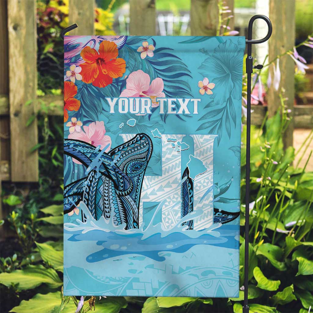 Personalised Hawaii Garden Flag Humpback Whale Tattoo With Tropical Flowers LT14 Garden Flag Blue - Polynesian Pride