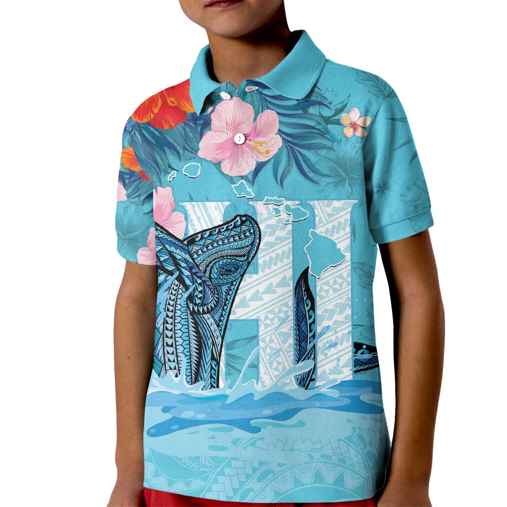 Personalised Hawaii Kid Polo Shirt Humpback Whale Tattoo With Tropical Flowers