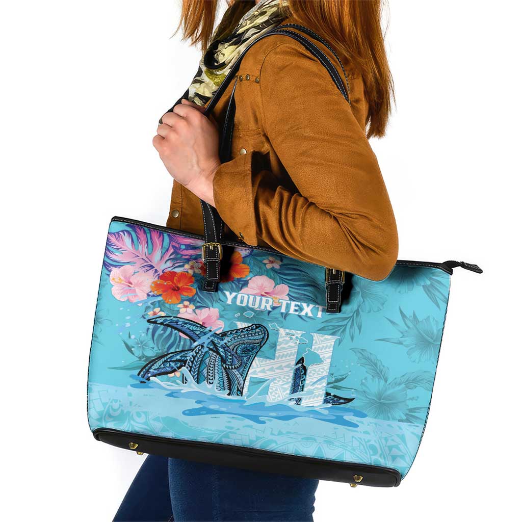 Personalised Hawaii Leather Tote Bag Humpback Whale Tattoo With Tropical Flowers LT14 Blue - Polynesian Pride