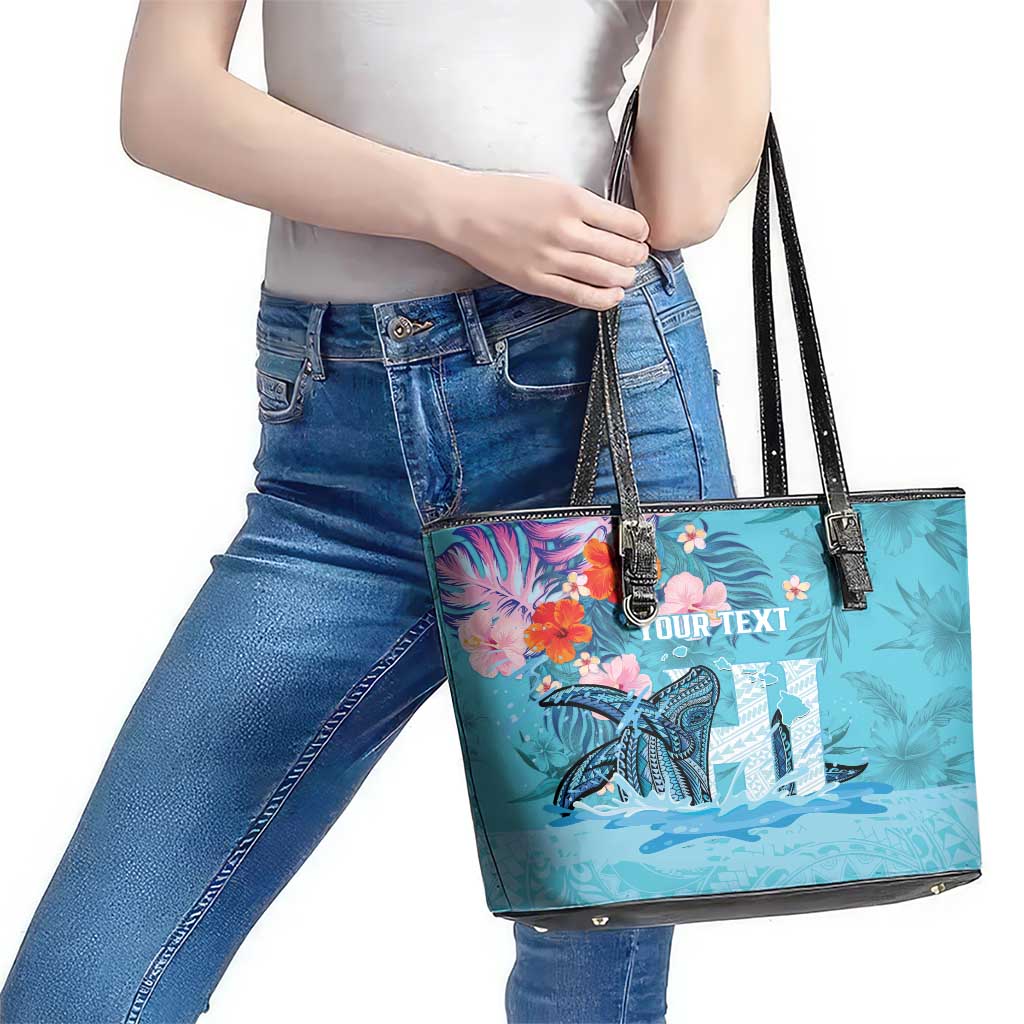 Personalised Hawaii Leather Tote Bag Humpback Whale Tattoo With Tropical Flowers LT14 - Polynesian Pride