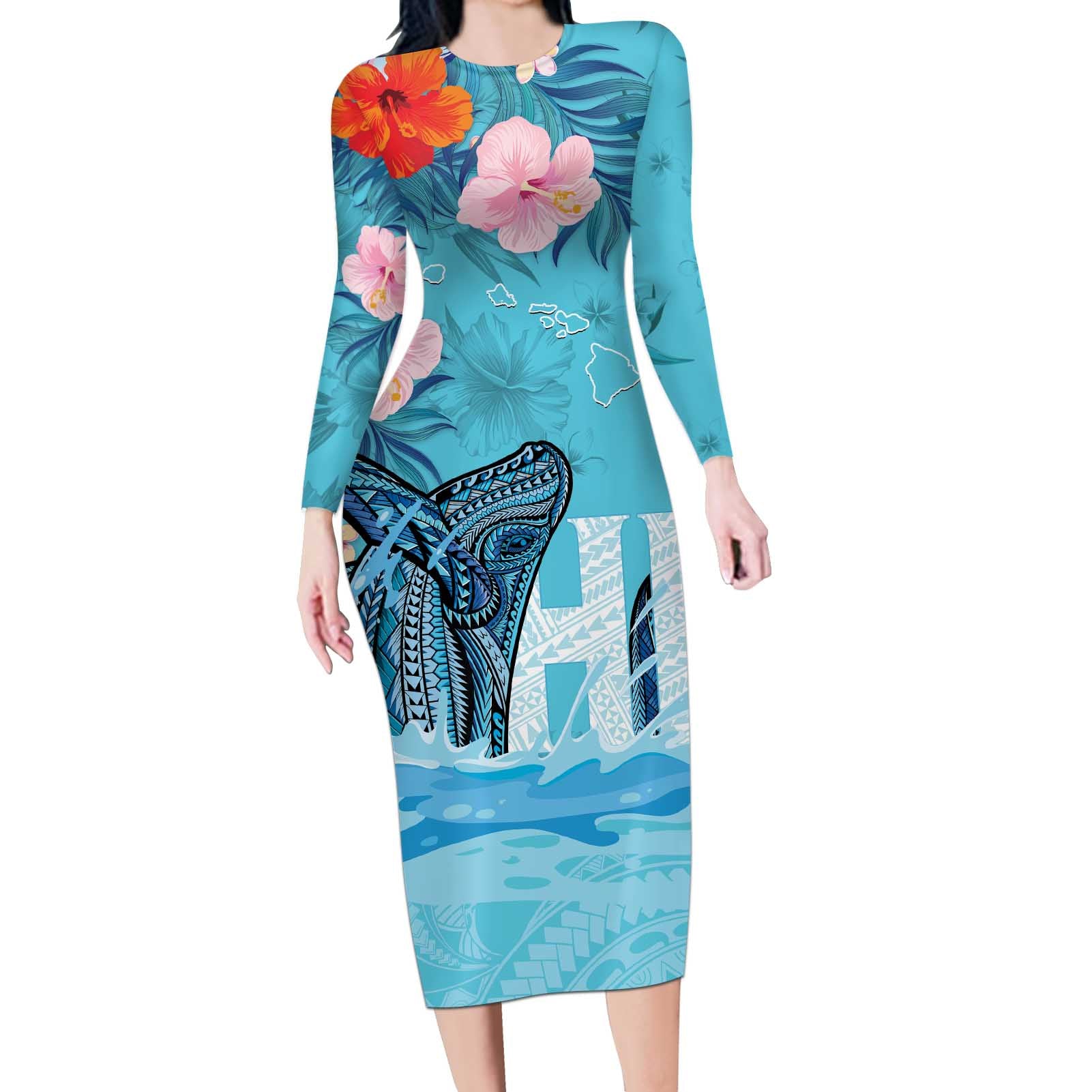 Personalised Hawaii Long Sleeve Bodycon Dress Humpback Whale Tattoo With Tropical Flowers