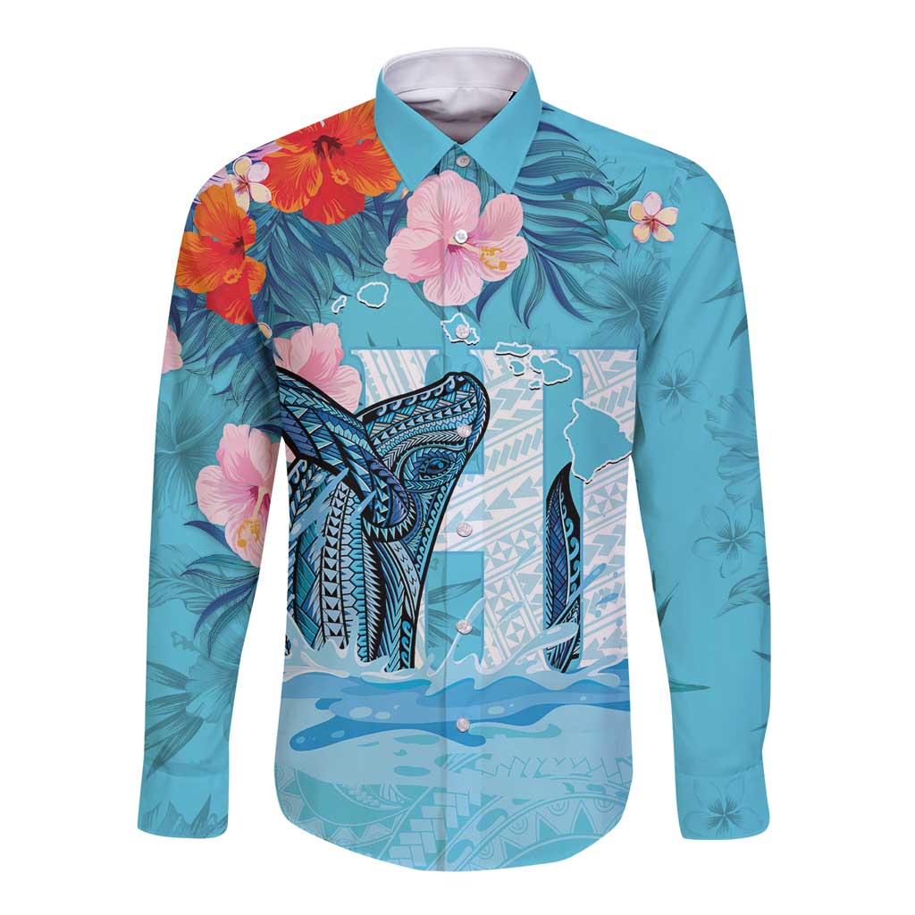 Personalised Hawaii Long Sleeve Button Shirt Humpback Whale Tattoo With Tropical Flowers