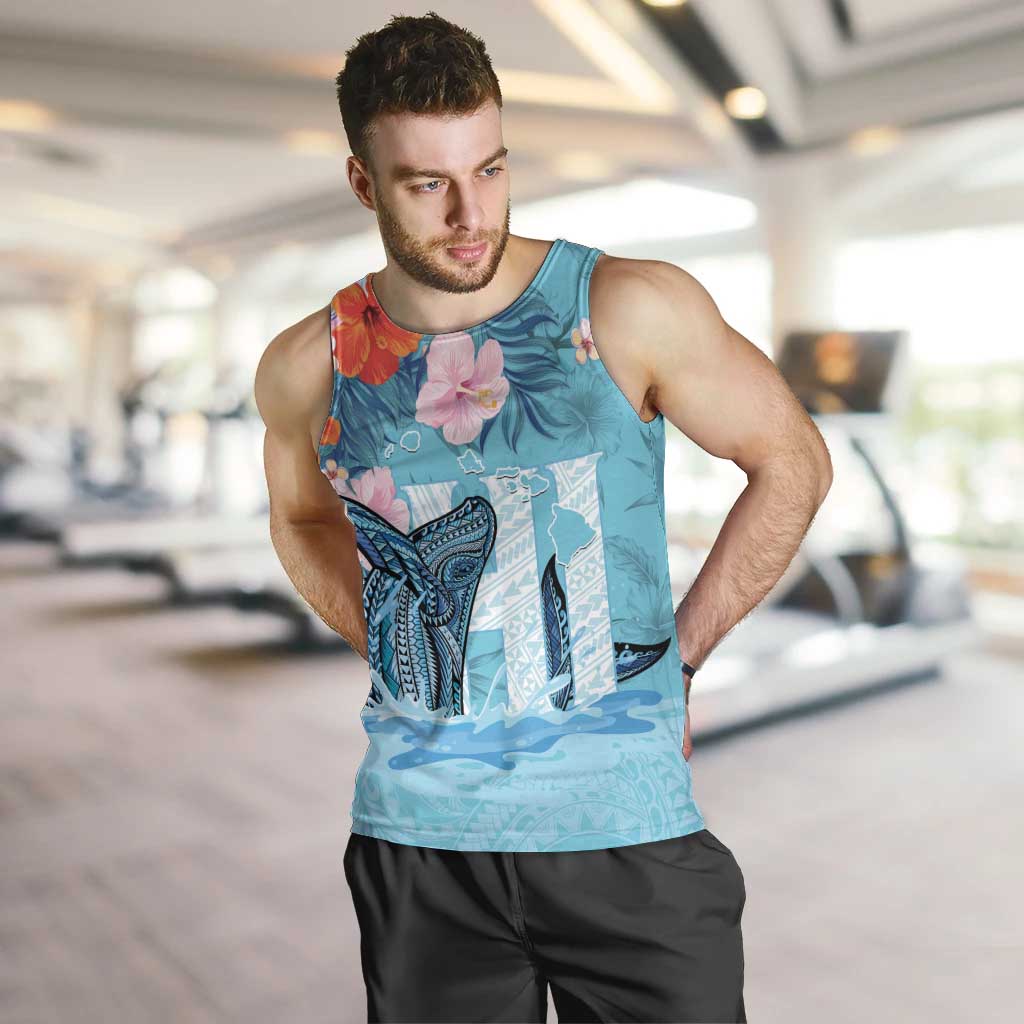 Personalised Hawaii Men Tank Top Humpback Whale Tattoo With Tropical Flowers LT14 Blue - Polynesian Pride