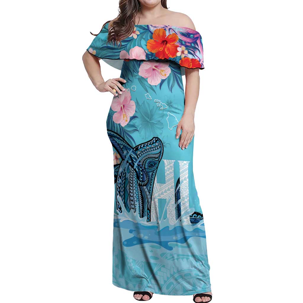 Personalised Hawaii Off Shoulder Maxi Dress Humpback Whale Tattoo With Tropical Flowers LT14 Women Blue - Polynesian Pride