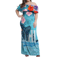 Personalised Hawaii Off Shoulder Maxi Dress Humpback Whale Tattoo With Tropical Flowers LT14 Women Blue - Polynesian Pride