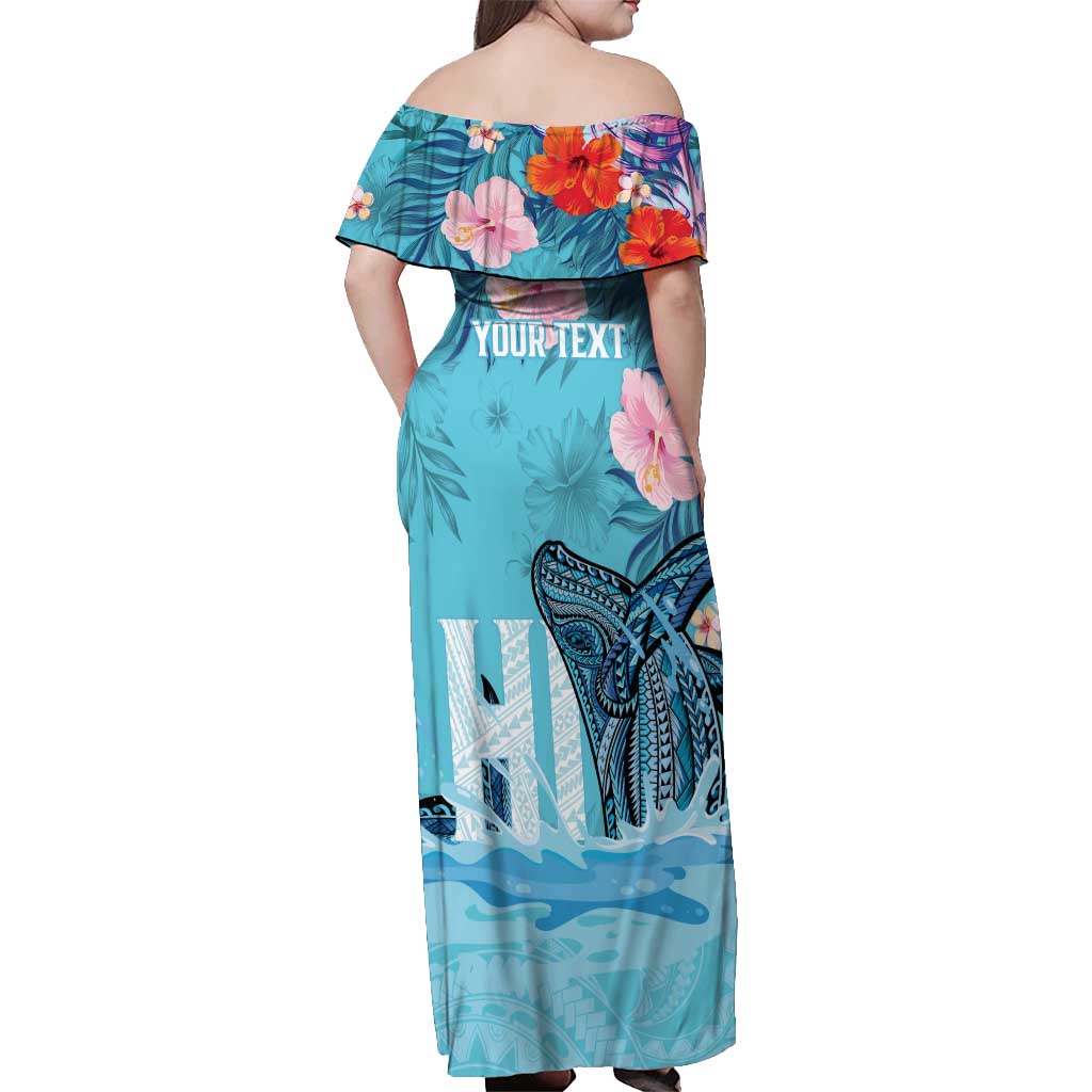 Personalised Hawaii Off Shoulder Maxi Dress Humpback Whale Tattoo With Tropical Flowers LT14 - Polynesian Pride