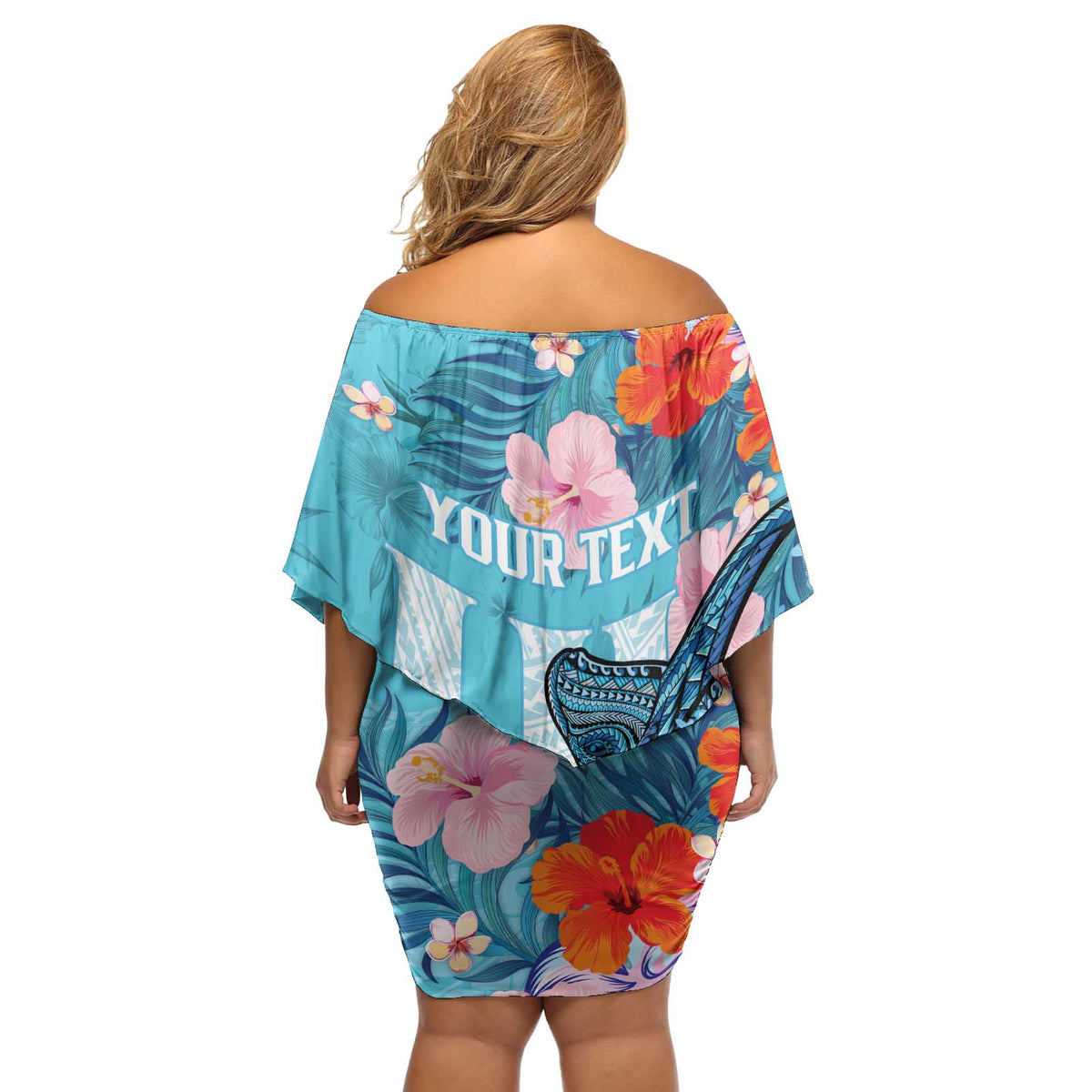 Personalised Hawaii Off Shoulder Short Dress Humpback Whale Tattoo With Tropical Flowers LT14 - Polynesian Pride