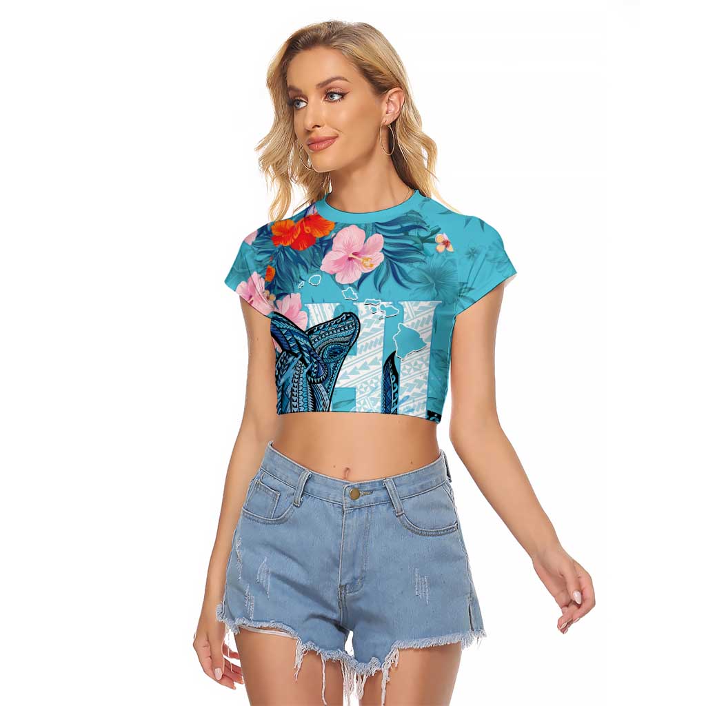 Personalised Hawaii Raglan Cropped T Shirt Humpback Whale Tattoo With Tropical Flowers