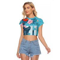 Personalised Hawaii Raglan Cropped T Shirt Humpback Whale Tattoo With Tropical Flowers