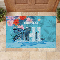 Personalised Hawaii Rubber Doormat Humpback Whale Tattoo With Tropical Flowers LT14 Blue - Polynesian Pride