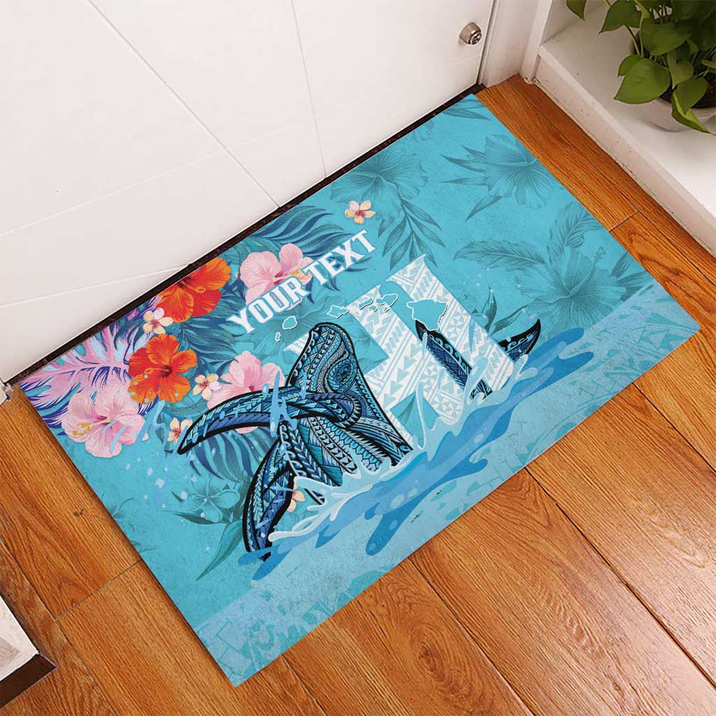 Personalised Hawaii Rubber Doormat Humpback Whale Tattoo With Tropical Flowers LT14 - Polynesian Pride