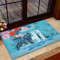 Personalised Hawaii Rubber Doormat Humpback Whale Tattoo With Tropical Flowers LT14 - Polynesian Pride