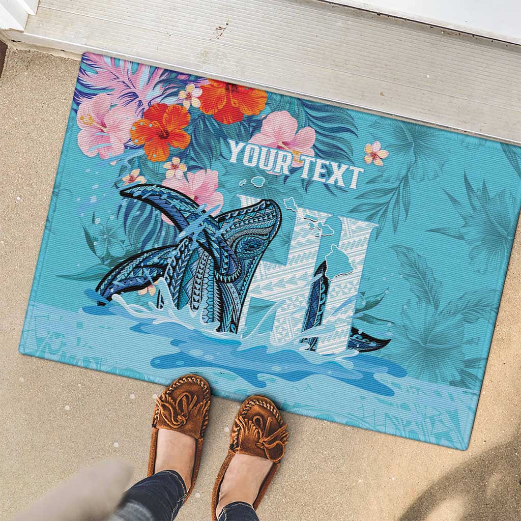 Personalised Hawaii Rubber Doormat Humpback Whale Tattoo With Tropical Flowers LT14 - Polynesian Pride