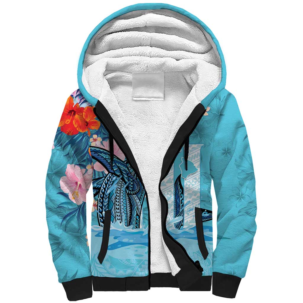 Personalised Hawaii Sherpa Hoodie Humpback Whale Tattoo With Tropical Flowers