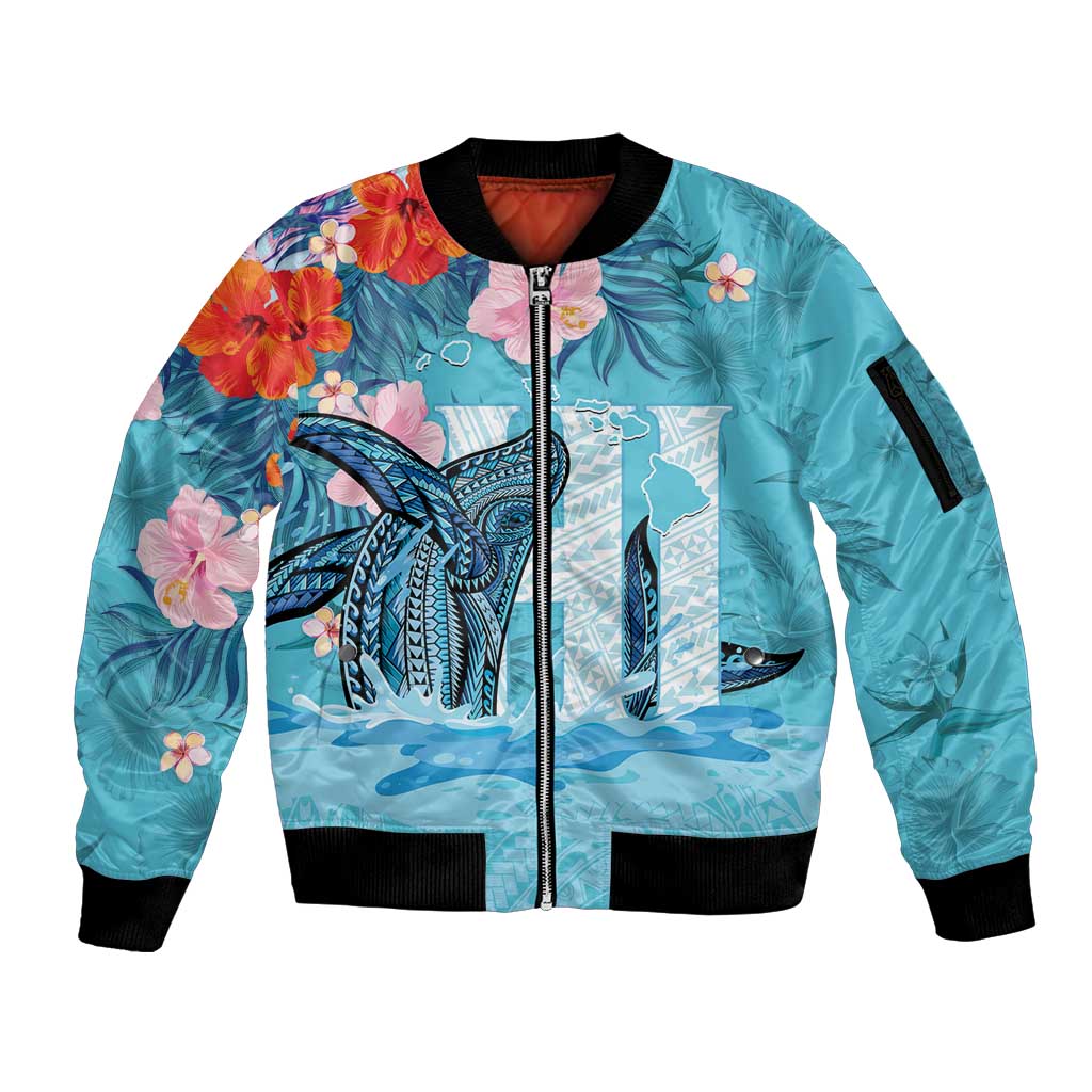 Personalised Hawaii Sleeve Zip Bomber Jacket Humpback Whale Tattoo With Tropical Flowers